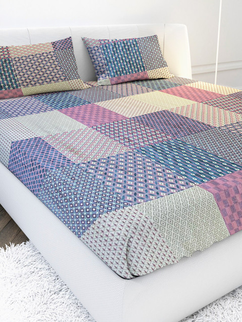 

MAYFAIR HOMES LONDON Purple & Pink Geometric 104 TC Queen Bedsheet with 2 Pillow Covers