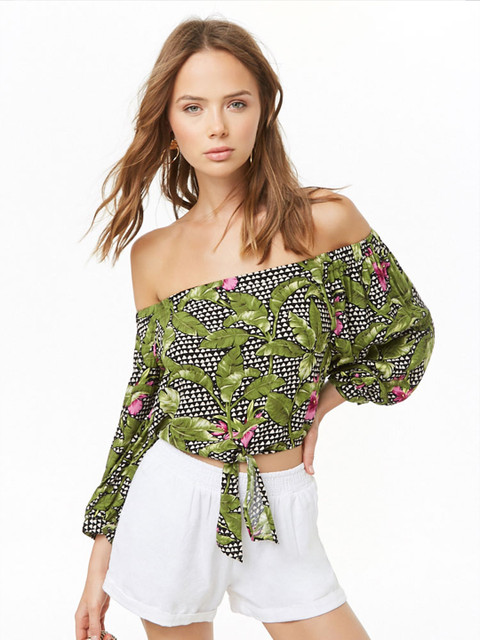 

FOREVER 21 Women Black & Green Floral Off-Shoulder Bardot Crop Top