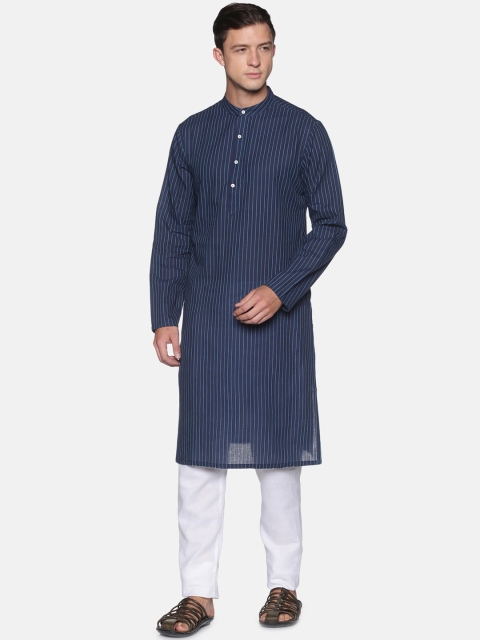 Saffron Threads Men Navy Blue Striped Kurta