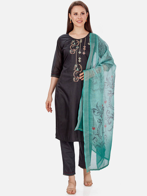 

Kiana Women Black Ethnic Motifs Embroidered Chanderi Silk Kurta with Trousers & Dupatta