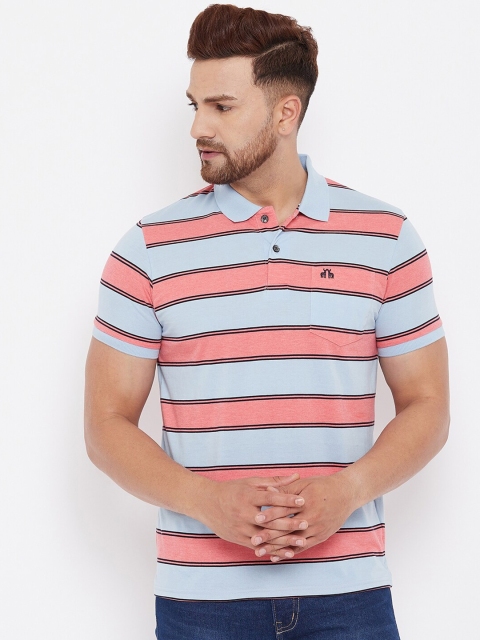

98 Degree North Men Blue & Peach-Coloured Striped Polo Collar T-shirt