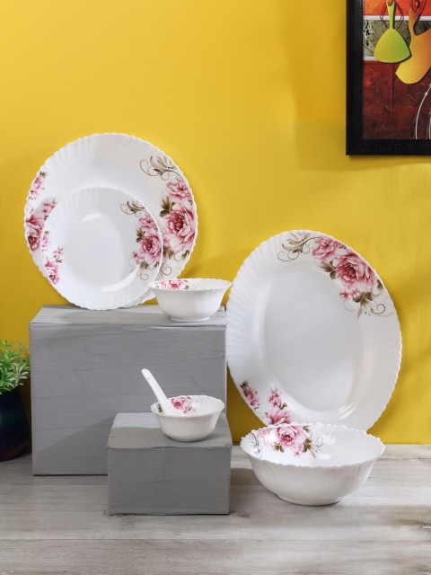 

ceradeco White & Pink 33 Pieces Printed Glass Glossy Dinner Set