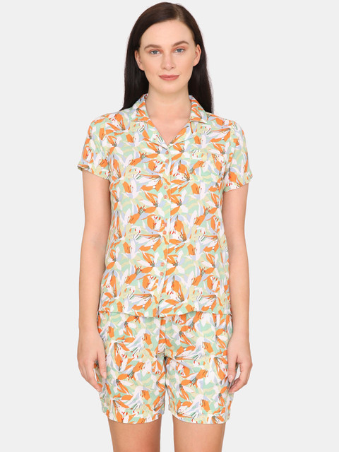 

Zivame Women Green & Orange Printed Night suit