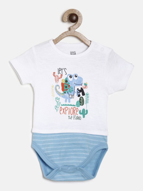 

MINI KLUB Infant Boys White & Blue Printed Pure Cotton Bodysuit with Cap
