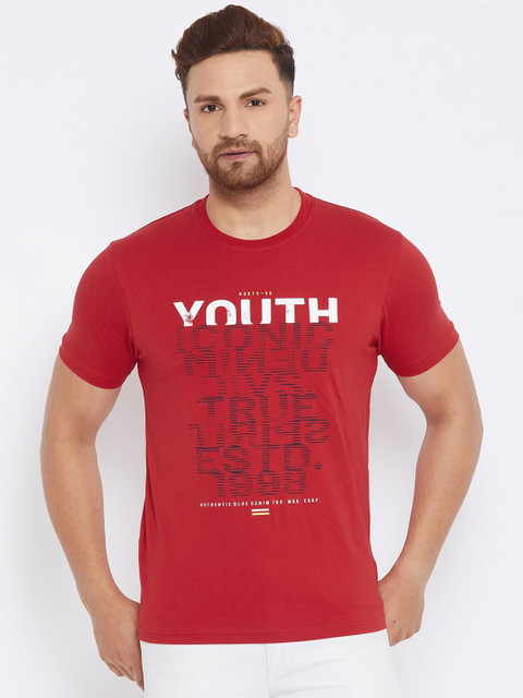 

98 Degree North Men Red & White Typography Printed T-shirt