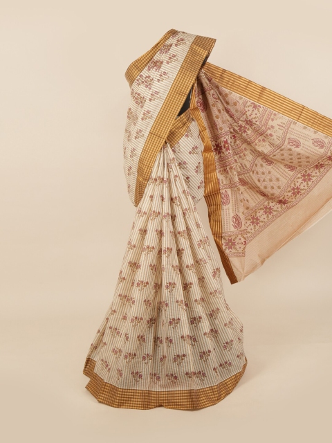 

Pothys Cream & Pink Cotton Blend Floral Saree