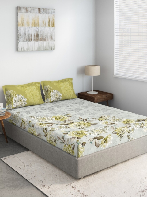 DDecor Green & Grey Floral 140 TC King Bedsheet with 2 Pillow Covers