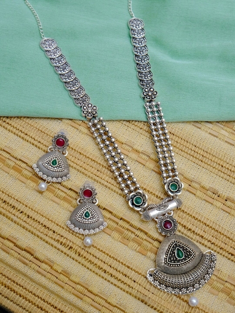 

Crunchy Fashion Silver-Plated Pink & Green Stone-Studded & Beaded Antique Jewellery Set