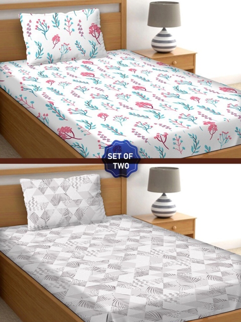 

BELLA CASA White & Green Floral 250 TC Set Of 2 Single Bedsheets with Pillow Covers