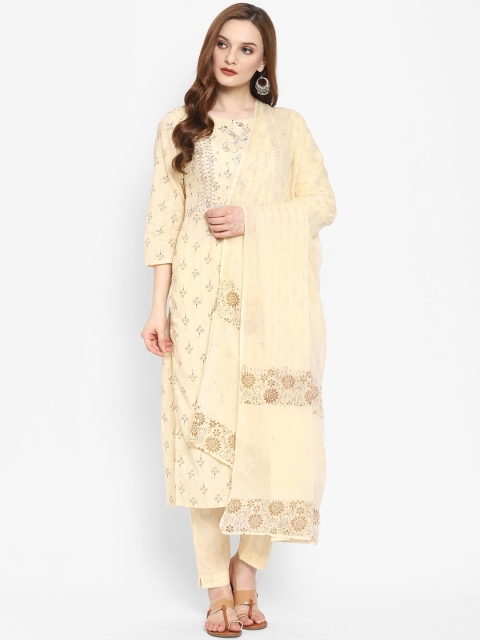 

Ramas Women Yellow Floral Printed Pure Cotton Kurti with Trousers & With Dupatta