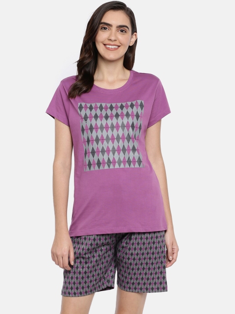

Ellete Women Purple & Black Printed Pure Cotton Night suit