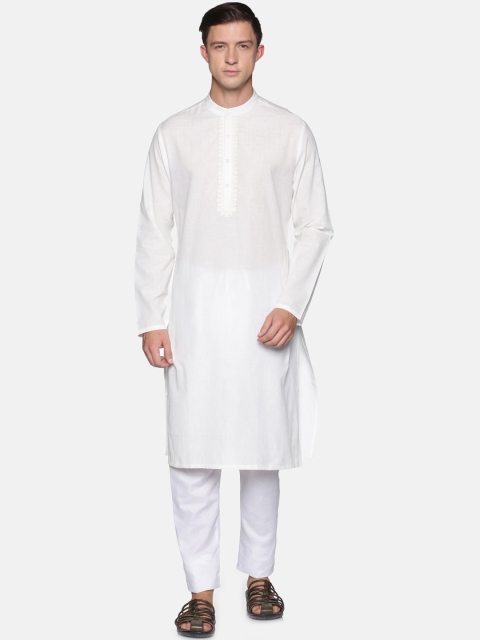

Saffron Threads Men White Embroidered Neck Detail Kurta