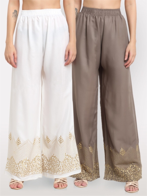 

NEUDIS Women Pack Of 2 White & Grey Ethnic Motifs Hem Design Ethnic Palazzos