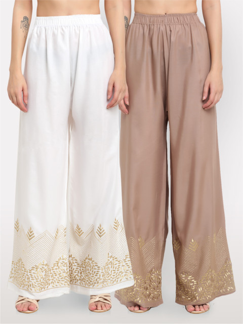 

NEUDIS Women White & Brown Pack of 2 Floral Hem Design Flared Ethnic Palazzos