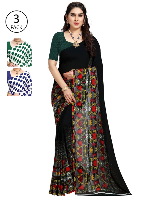 

KALINI White & Black Pack of 3 Printed Sarees