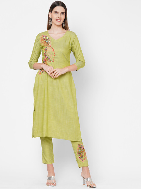 

FASHOR Women Green Thread Work Kurta with Pyjamas