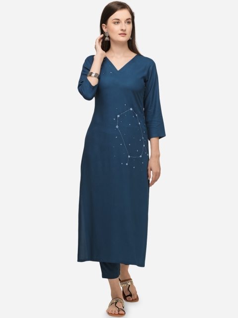 RAISIN Women Blue Thread Work Kurta with Trousers