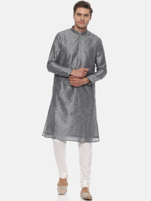 

Louis Philippe Men Grey Floral Embroidered Kurta with Pyjamas
