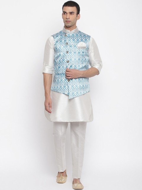 

Aj DEZInES Men White Layered Raw Silk Kurta with Pyjamas