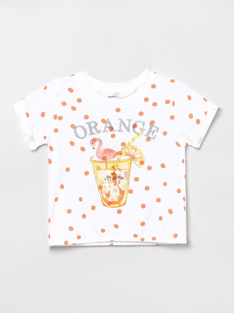 

max Girls White & Orange Printed T-shirt