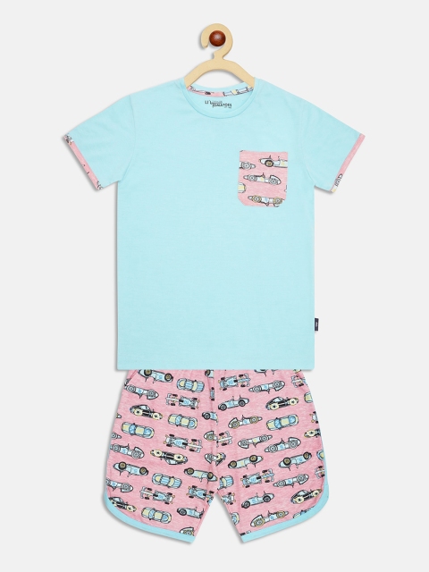 

Lil Tomatoes Boys Turquoise Blue & Peach-Coloured Printed Night suit