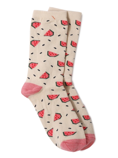 

FOREVER 21 Women Cream& Pink Colored Watermelon Patterned Above Ankle-Length Socks