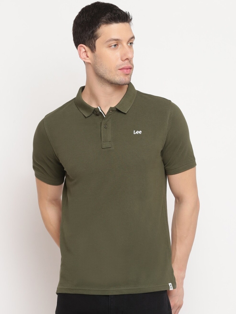 Lee Men Olive Green Polo Collar Slim Fit Cotton T-shirt