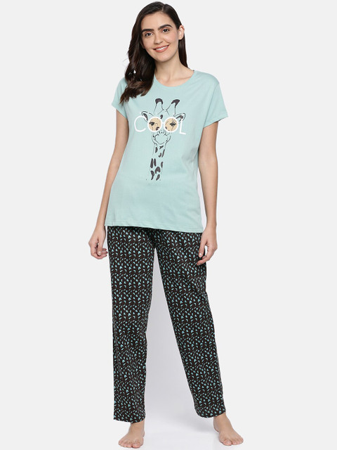 

Ellete Women Sea Green & Black Printed Cotton Night Suit