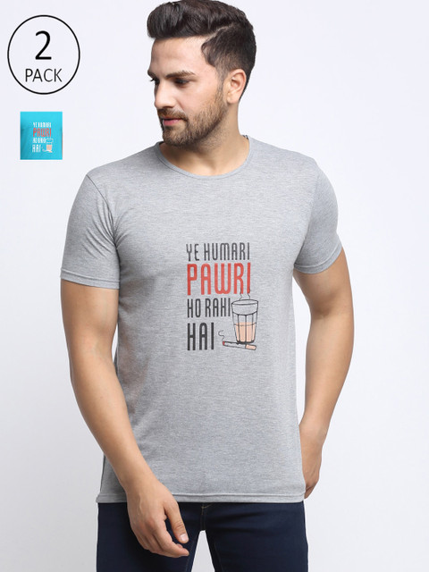 

VIMAL JONNEY Men Set of 2 Grey & Blue Typography Printed T-shirts
