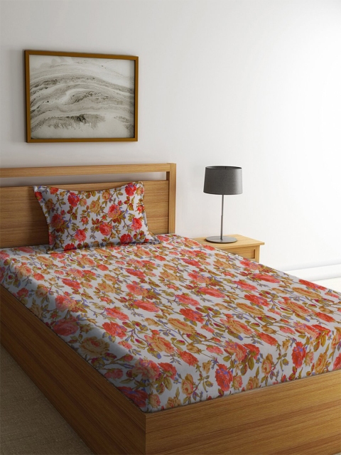 

MAYFAIR HOMES LONDON White & Red Floral 144 TC Single Bedsheet with 1 Pillow Covers