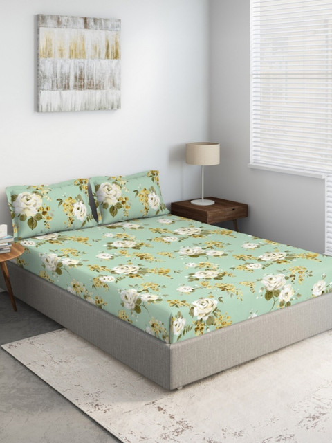 

DDecor Green & Olive Green Floral 140 TC Queen Bedsheet with 2 Pillow Covers
