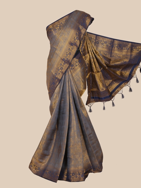 

Pothys Grey & Navy Blue Floral Zari Art Silk Banarasi Saree