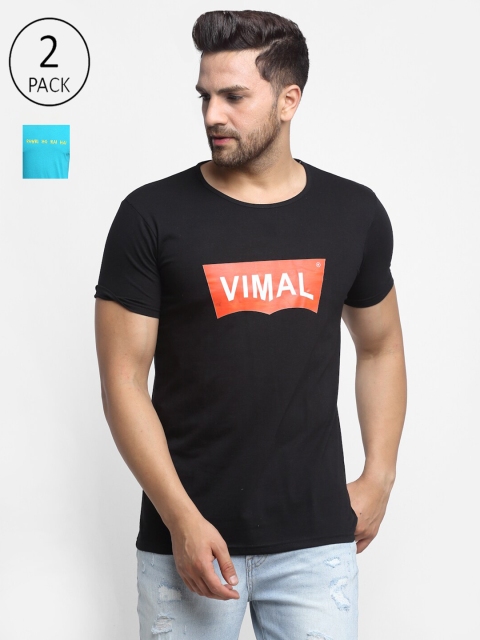 

VIMAL JONNEY Men Set of 2 Black & Blue Typography Printed T-shirts