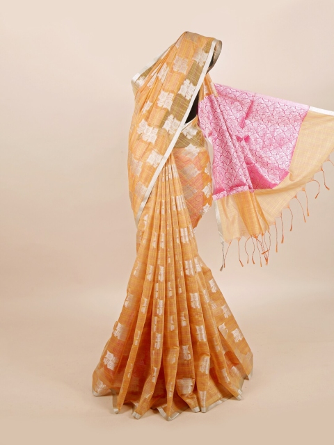 

Pothys Tan & Pink Woven Design Linen Blend Saree
