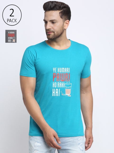 

VIMAL JONNEY Men Pack Of 2 Turquoise Blue & Grey Typography Printed T-shirt
