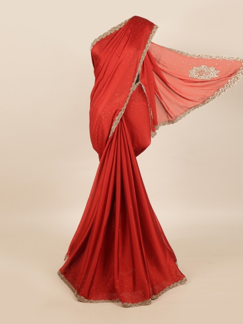 

Pothys Maroon & Gold-Toned Embellished Beads and Stones Pure Georgette Saree