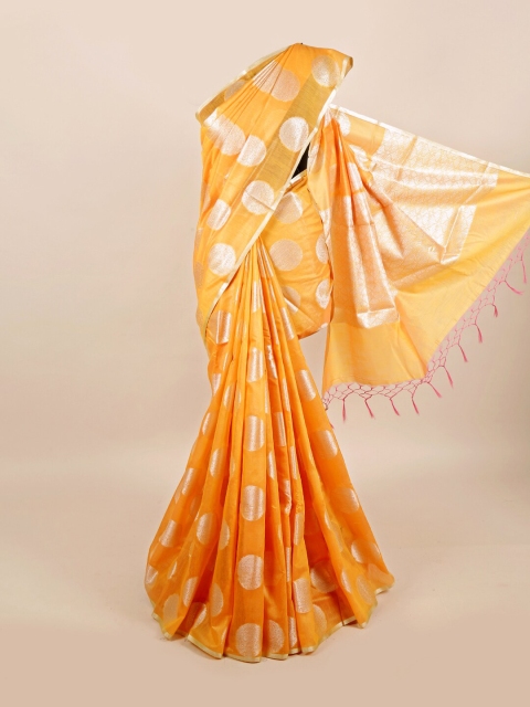 

Pothys Mustard & Silver-Toned Floral Zari Linen Blend Saree