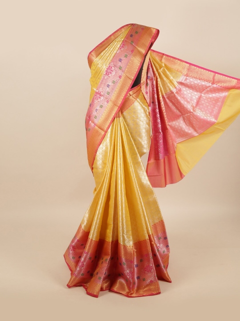

Pothys Women Yellow & Pink Printed Art Silk Banarasi Saree