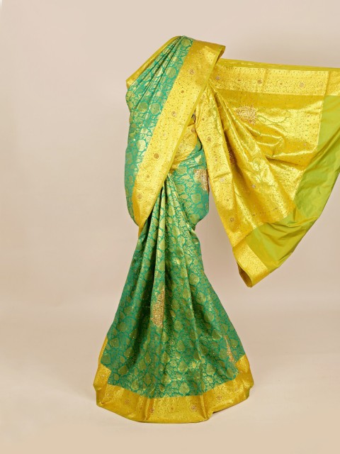 

Pothys Green & Gold-Toned Ethnic Motifs Zari Pure Silk Kanjeevaram Saree