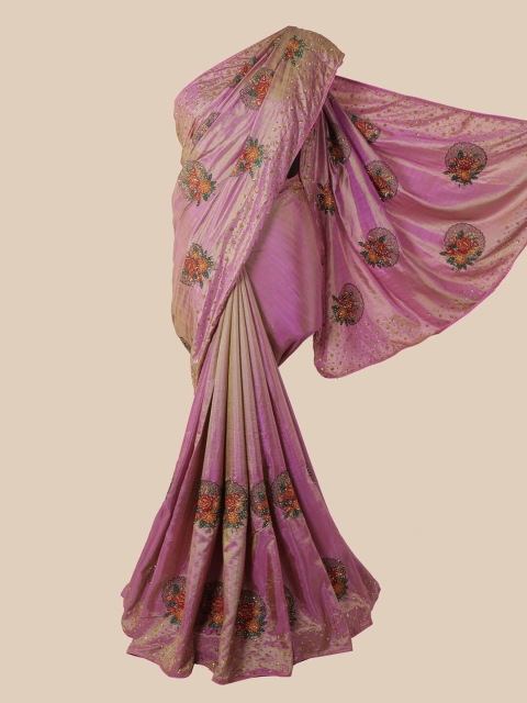

Pothys Lavender & Orange Floral Beads and Stones Art Silk Saree