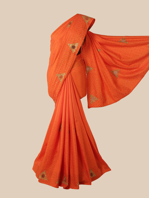 

Pothys Orange & Gold-Toned Embellished Beads and Stones Art Silk Saree