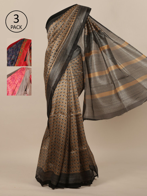 

Pothys-Pack of 3 Assorted Jute Print Sarees, Grey