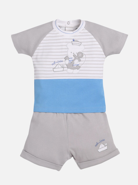 

BABY GO Boys White & Grey Printed Pure Cotton T-shirt with Shorts