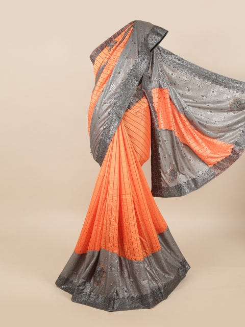 

Pothys Peach & Grey Checked Beads and Stones Pure Georgette Saree