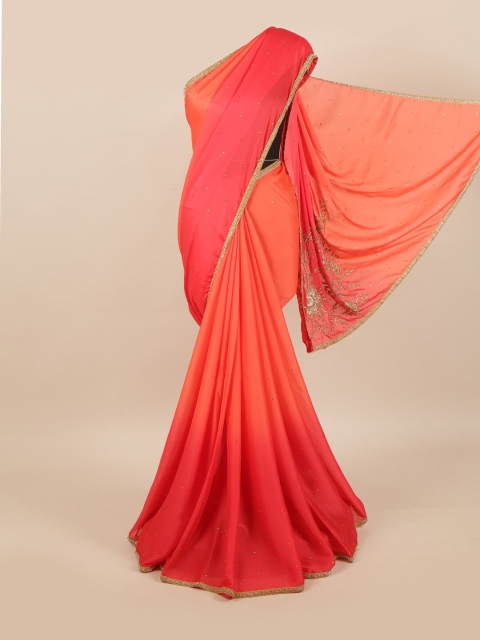 

Pothys Pink & Peach-Coloured Embellished Pure Georgette Saree