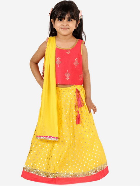 

Lil Peacock Girls Red & Yellow Embroidered Ready to Wear Lehenga & Blouse With Dupatta