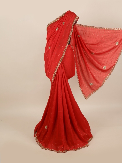 

Pothys Red & Gold Embellished Beads and Stones Pure Georgette Saree