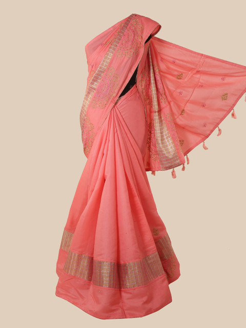 

Pothys Pink Floral Beads and Stones Art Silk Heavy Work Saree