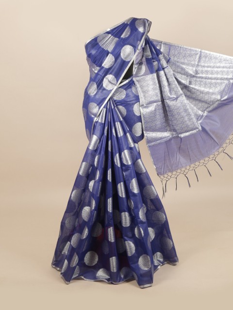 

Pothys Blue & Silver-Toned Floral Zari Linen Blend Saree