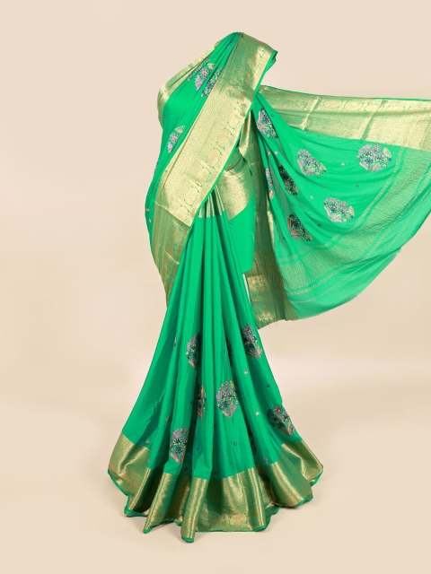 

Pothys Green & Blue Floral Zari Pure Chiffon Saree